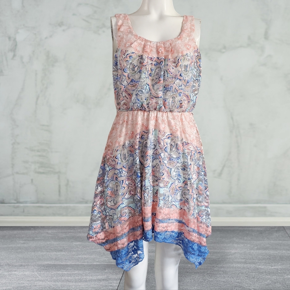 Floral Paisley Lace Lined Waist Defined Asymmetrical Sundress Summer Dress